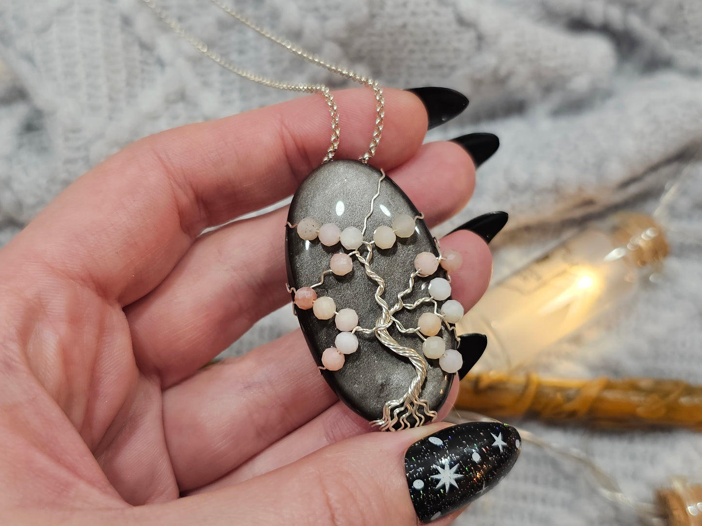 Silber-Obsidian & Pinkopal | Kirschblüte Lebensbaum | Schmuckdraht | Edelstein Anhänger