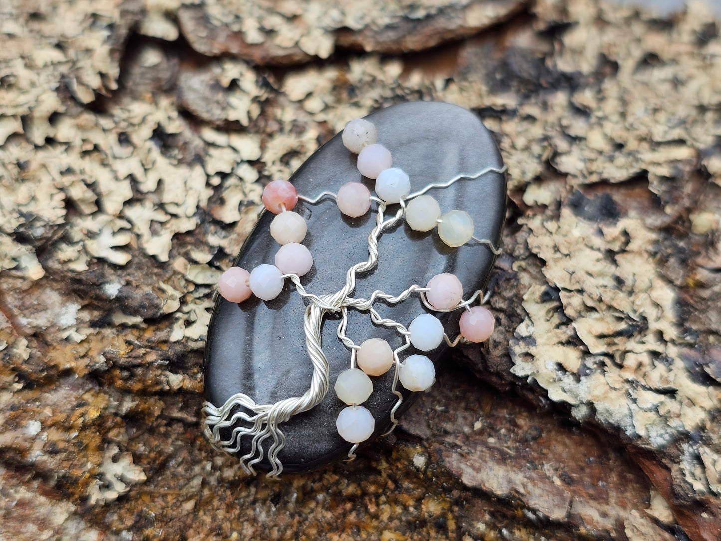Silber-Obsidian & Pinkopal | Kirschblüte Lebensbaum | Schmuckdraht | Edelstein Anhänger