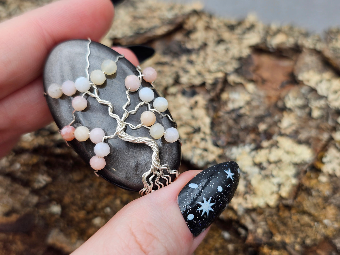 Silber-Obsidian & Pinkopal | Kirschblüte Lebensbaum | Schmuckdraht | Edelstein Anhänger