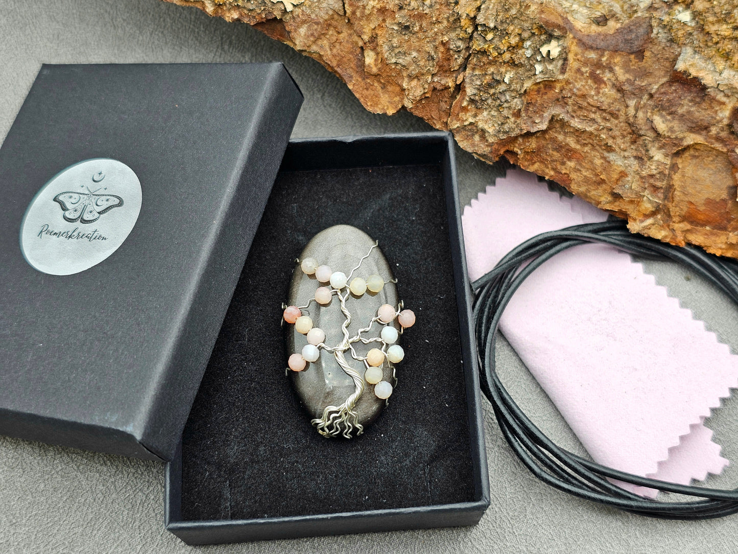 Silber-Obsidian & Pinkopal | Kirschblüte Lebensbaum | Schmuckdraht | Edelstein Anhänger