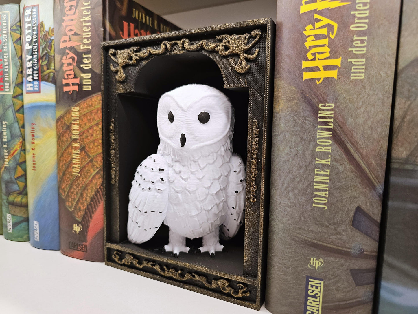 Book Nook Schneeeule Gold | 3D Druck | Buchstütze | Dekoration Bücherregal