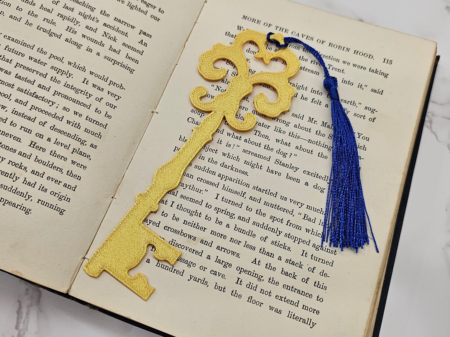 Lesezeichen Antiker Schlüssel Gold mit Quaste Blau | 3D Druck | Bookmark
