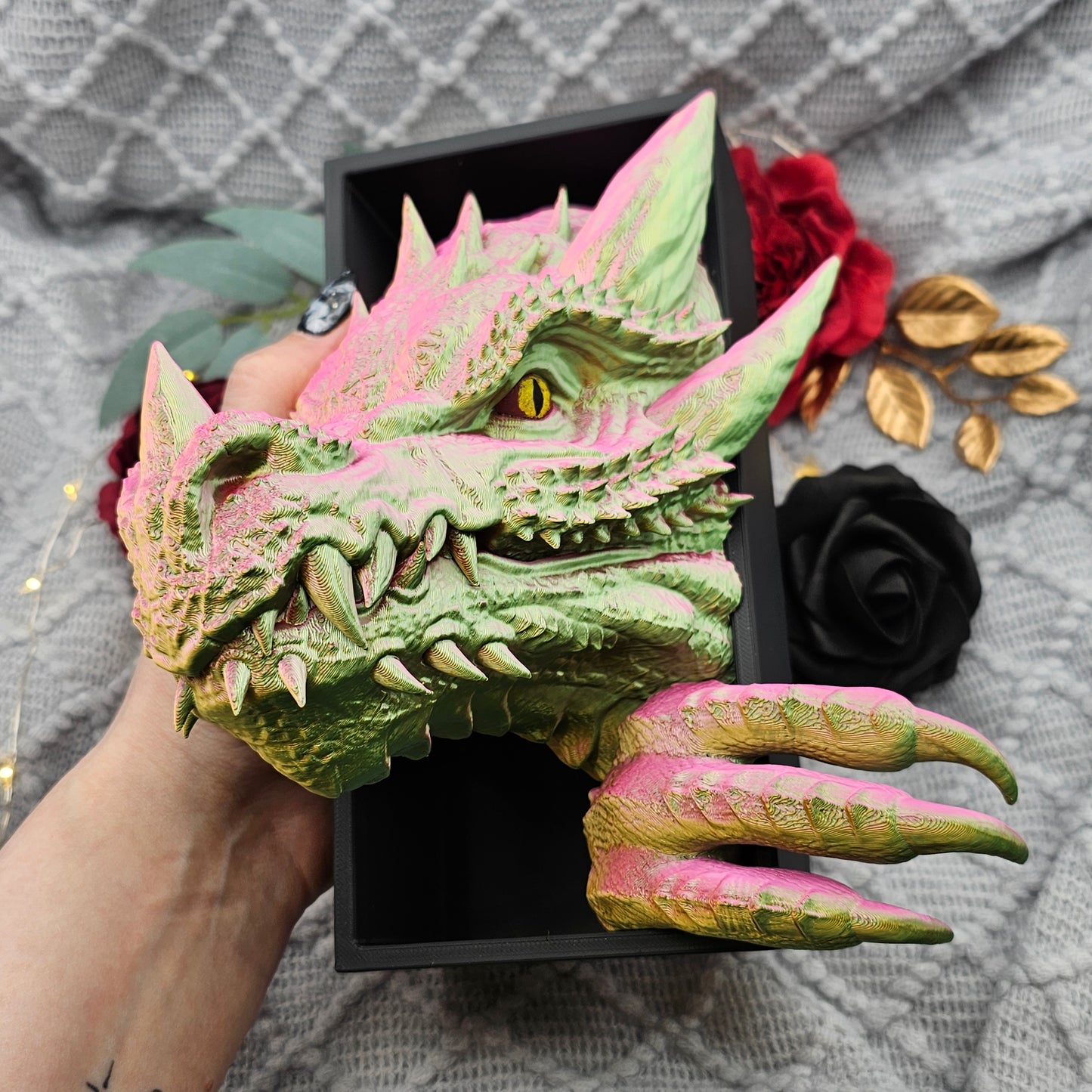 Book Nook Drache Multicolor Grün/Rosa/Gold Set/Einzeln | 3D Druck | Buchstütze | Dekoration Bücherregal