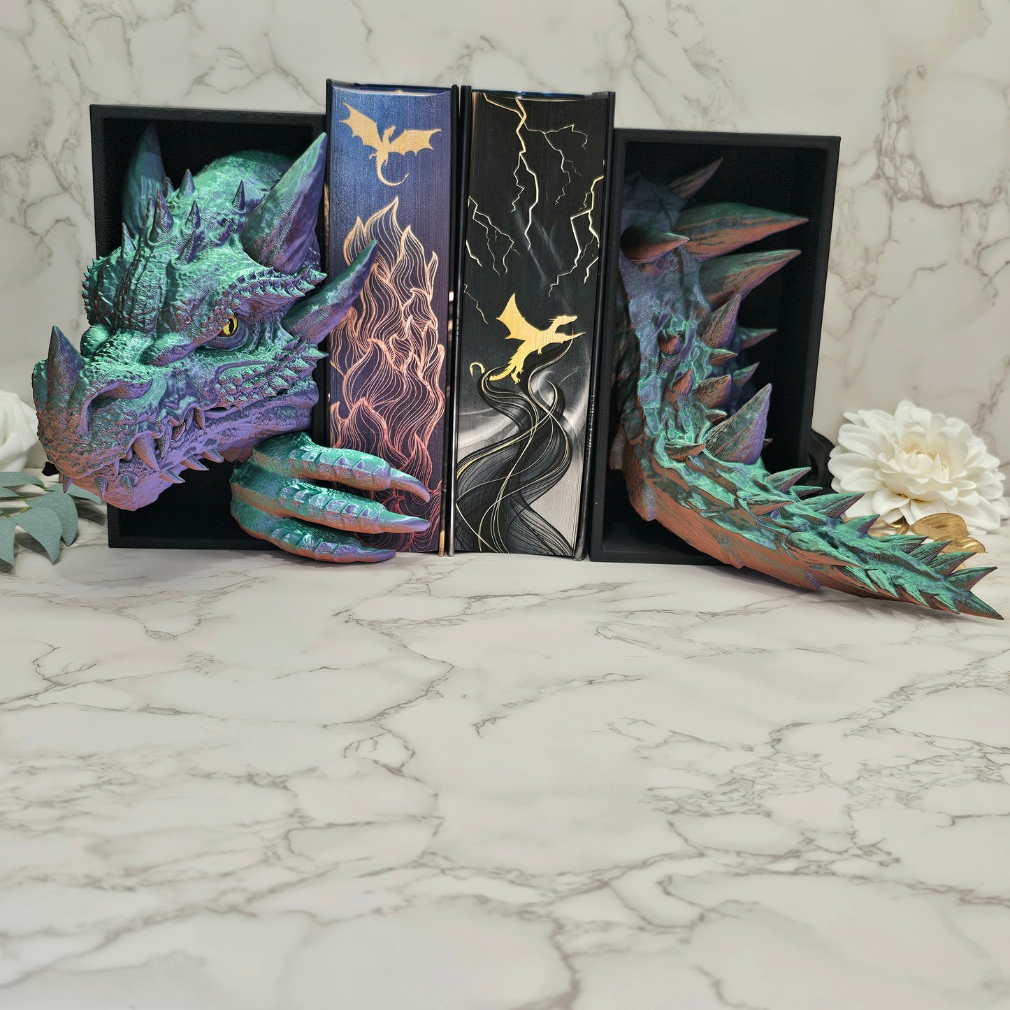 Book Nook Drache Multicolor Grün/Lila/Kupfer Set/Einzeln | 3D Druck | Buchstütze | Dekoration Bücherregal
