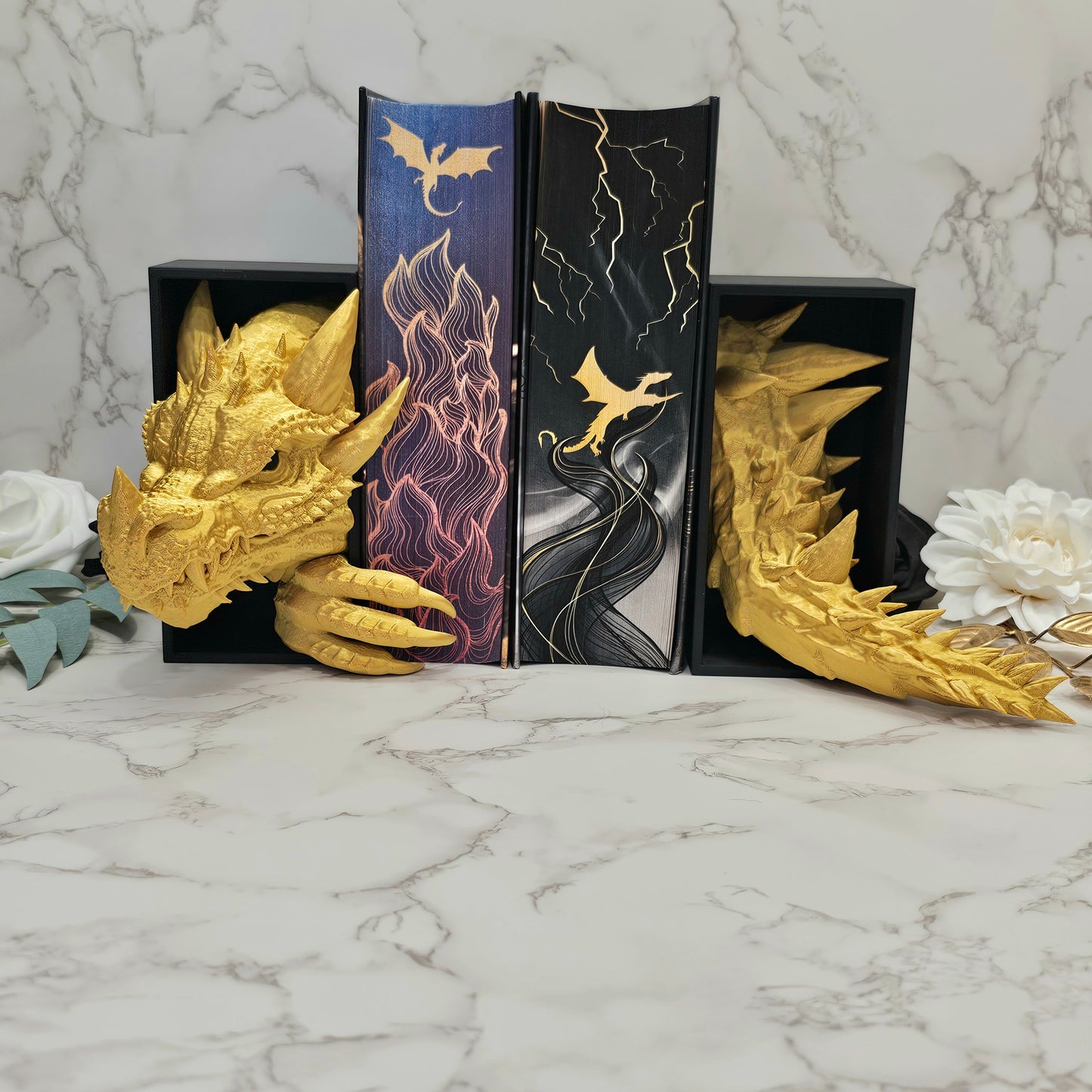 Book Nook Drache Gold/Schwarz Klein | Set/Einzeln | 3D Druck | Buchstütze | Dekoration Bücherregal