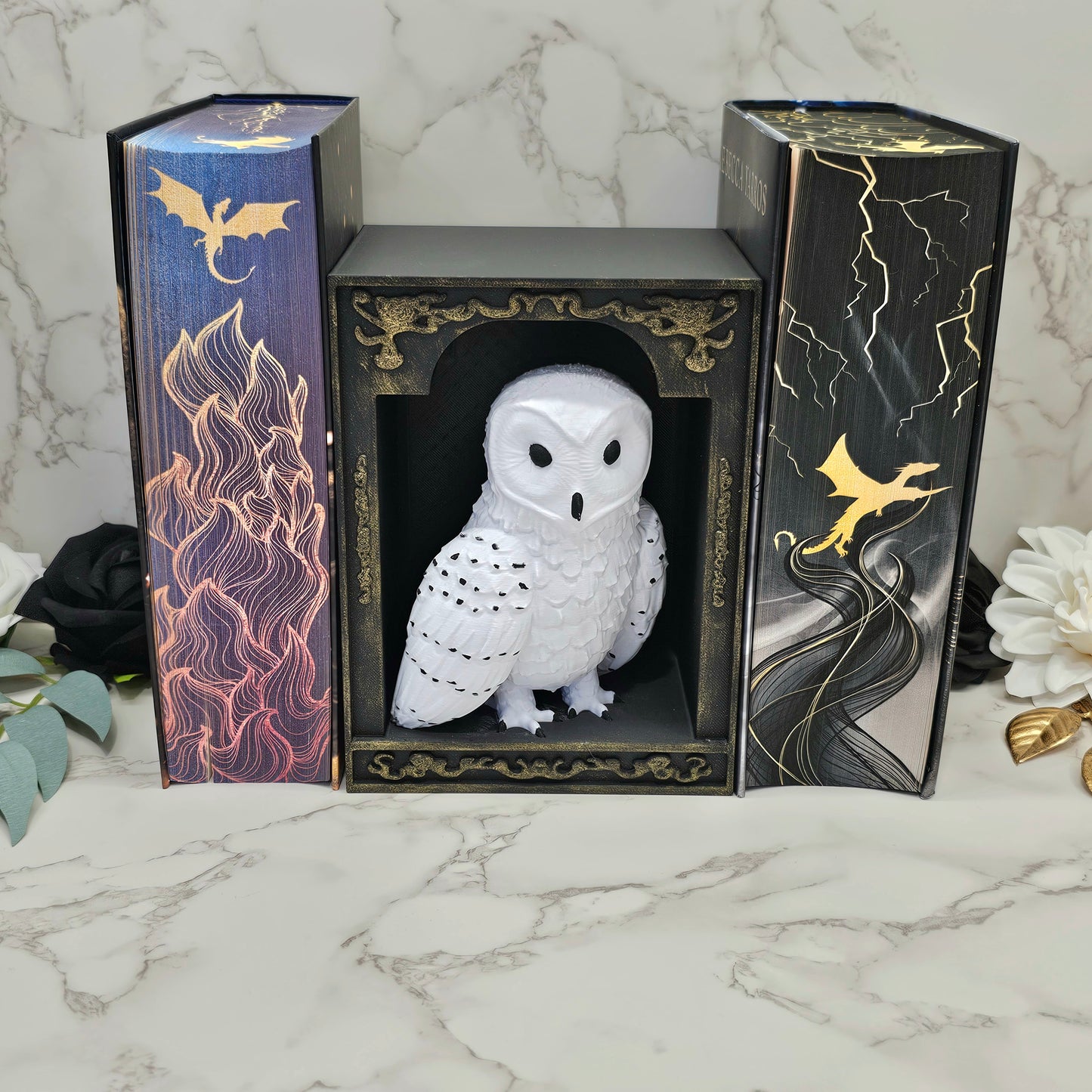 Book Nook Schneeeule Gold | 3D Druck | Buchstütze | Dekoration Bücherregal