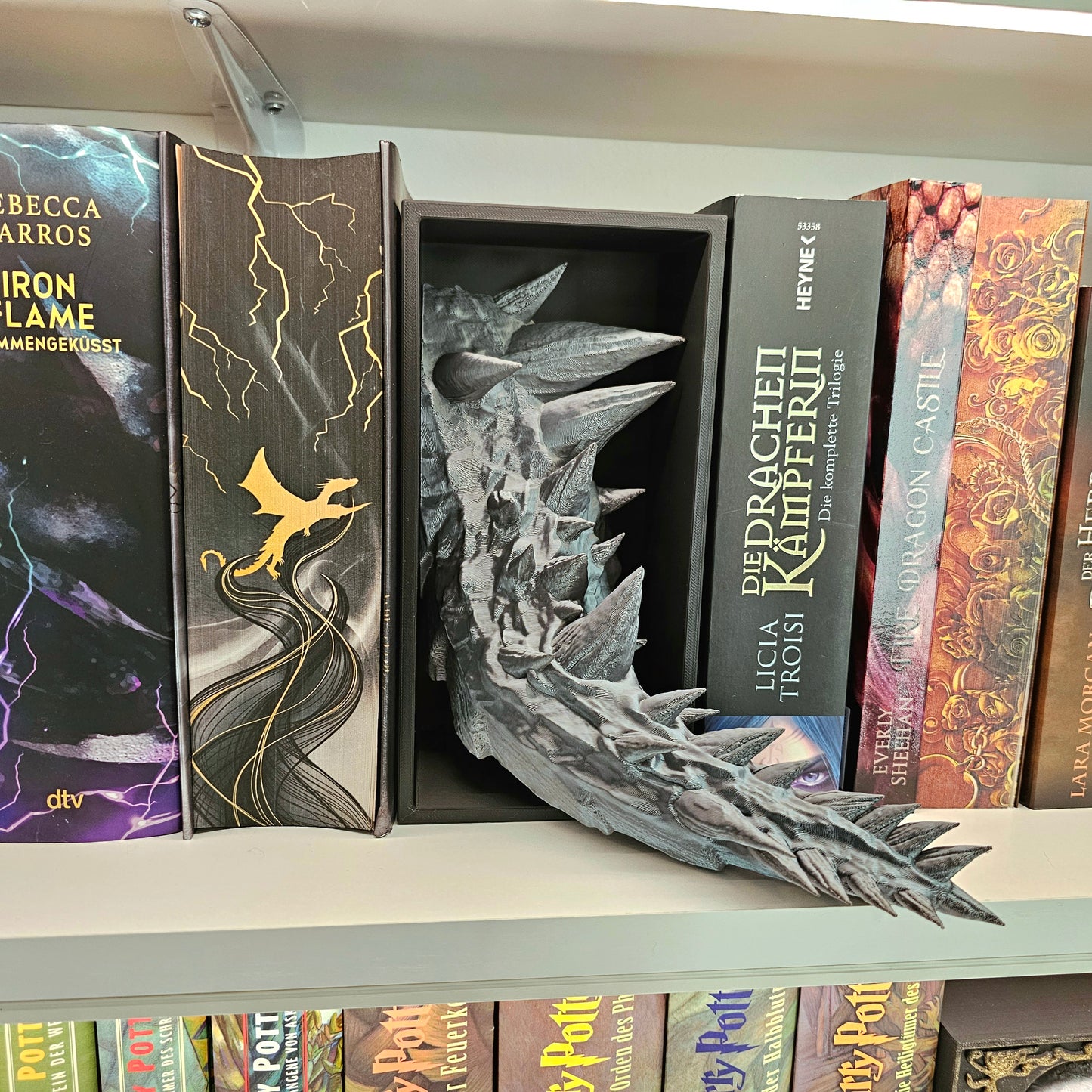 Book Nook Drache Silberschwarz Set/Einzeln | 3D Druck | Buchstütze | Dekoration Bücherregal
