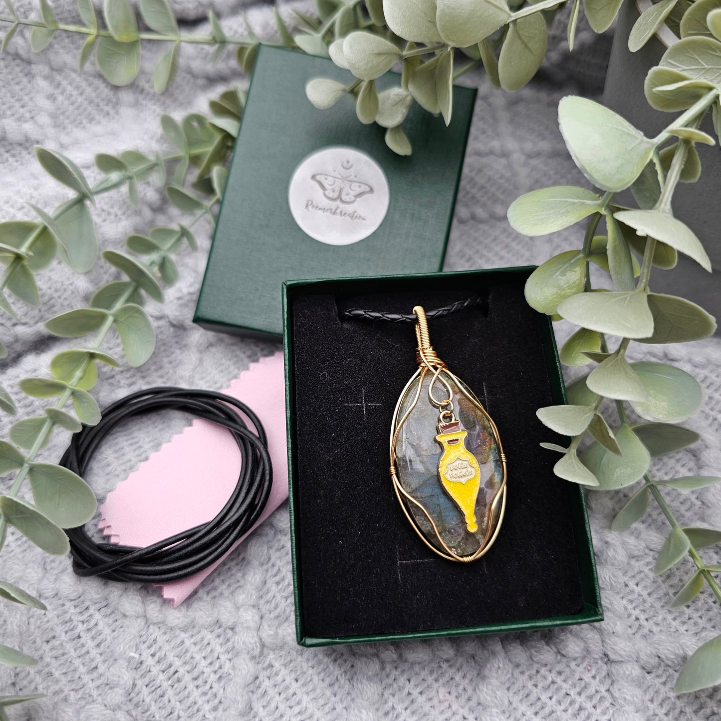 Labradorit & Glückstrank Anhänger | Schmuckdraht | Edelstein Halskette