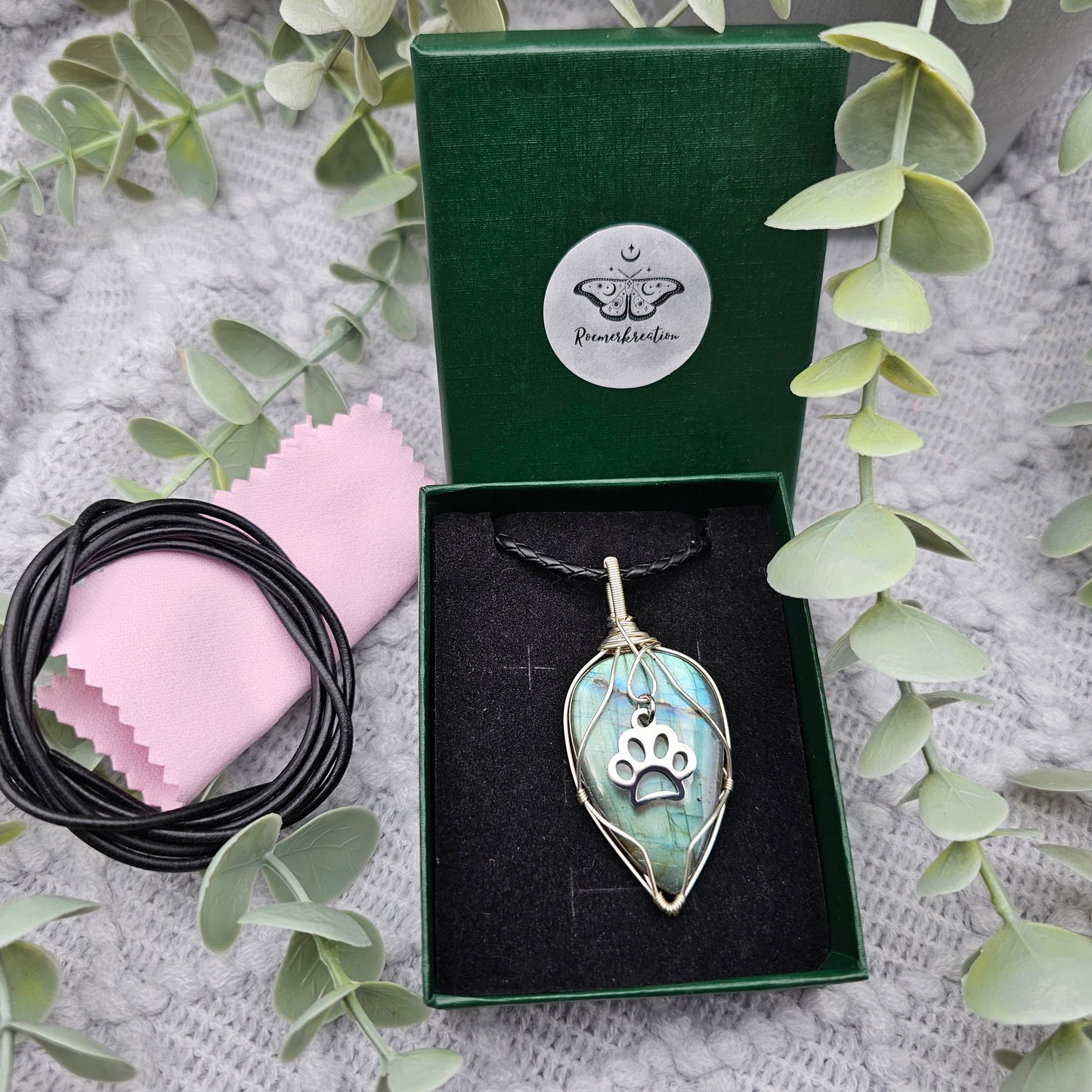 Labradorit & Pfote Anhänger | Schmuckdraht | Edelstein Halskette