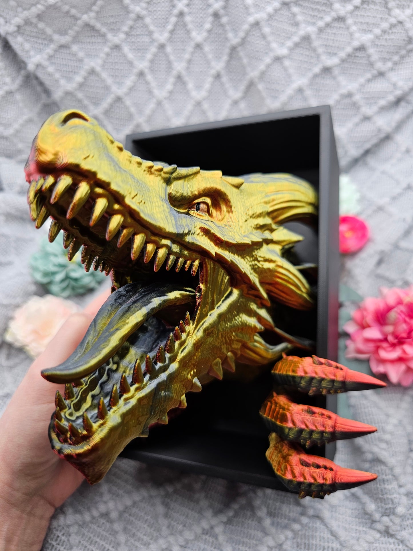 Book Nook Awakening Dragon Red/Black/Gold glossy | 3D Print | Bookend | Bookshelf Decoration