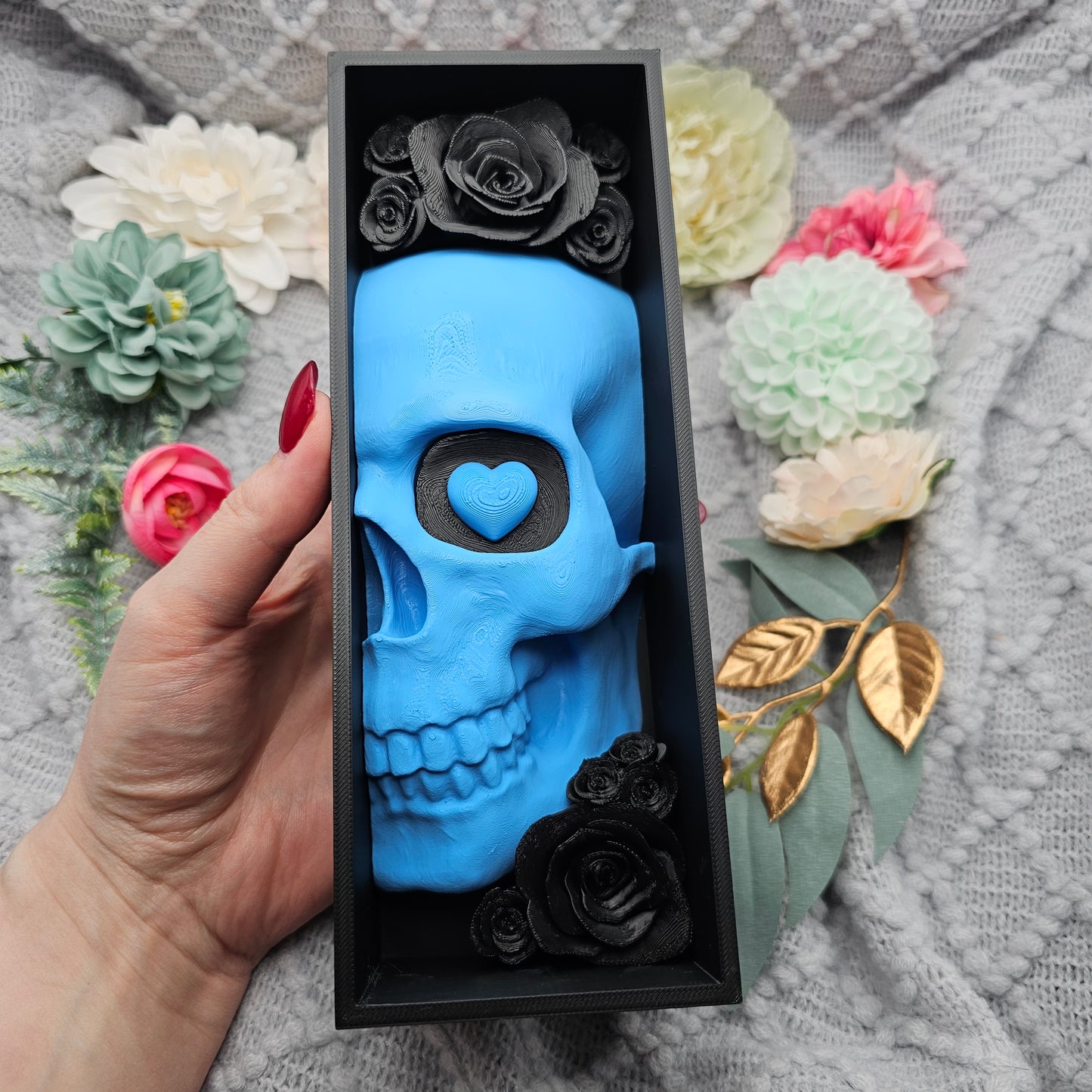 Book Nook LO Edition Skull with Roses Black/Blue Set/Single | 3D Print | Bookend | Bookshelf Decoration