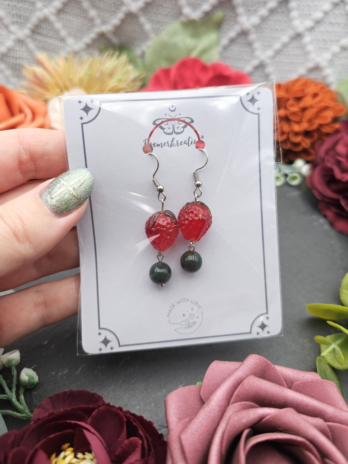 Ohrringe Erdbeeren | Moosachat | Edelstahl