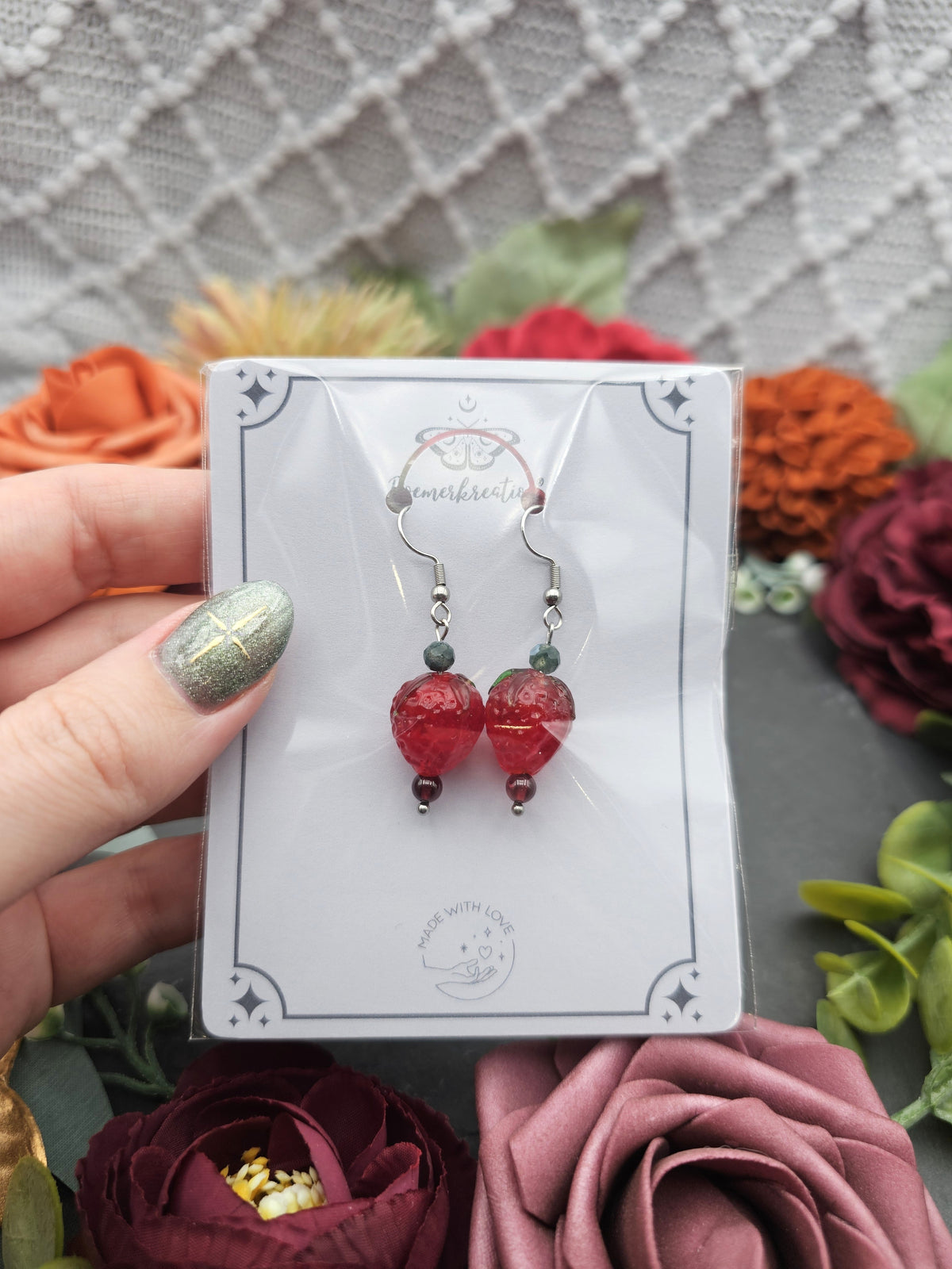 Ohrringe Erdbeeren | Moosachat & Granat | Edelstahl