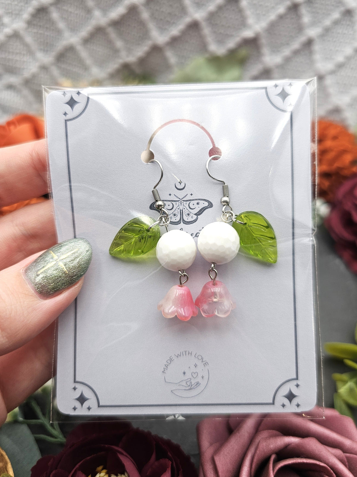 Ohrringe Floral Rosa & Blatt | Kascholong | Edelstahl