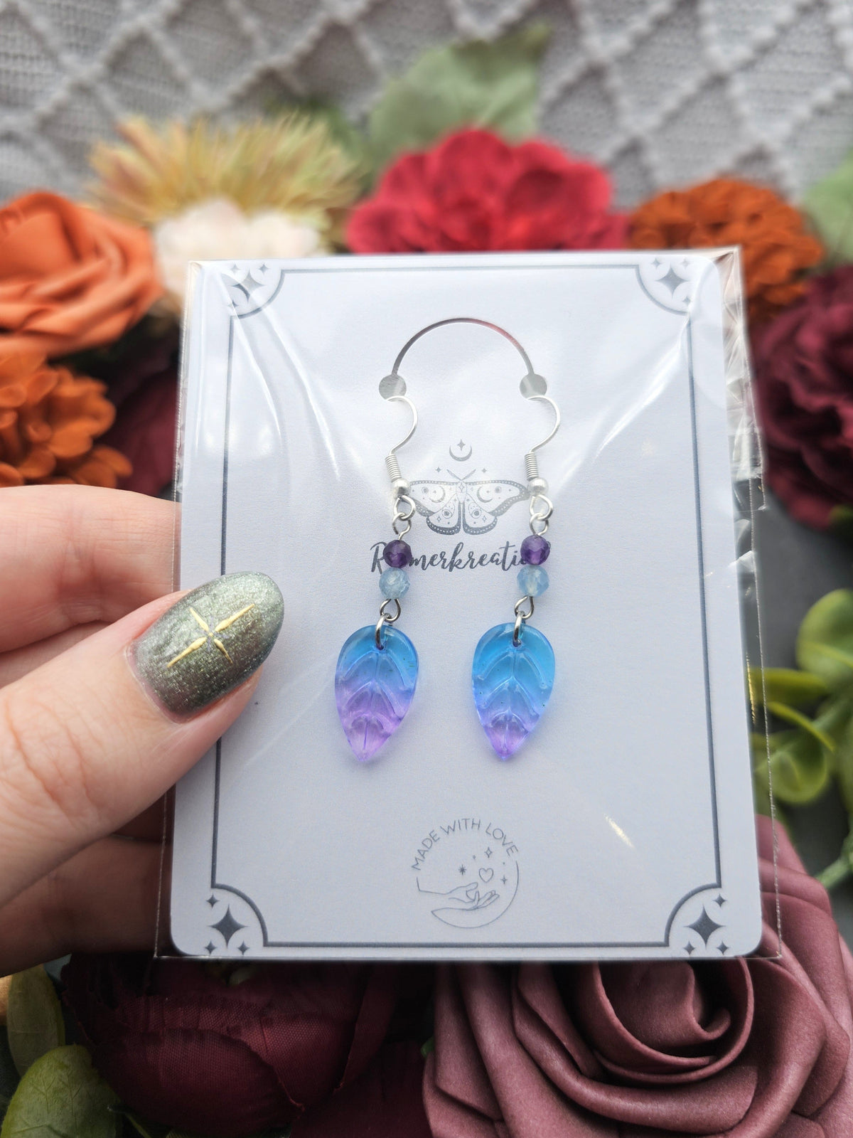 Ohrringe Blätter Blau-Lila | Amethyst & Aquamarin | Edelstahl