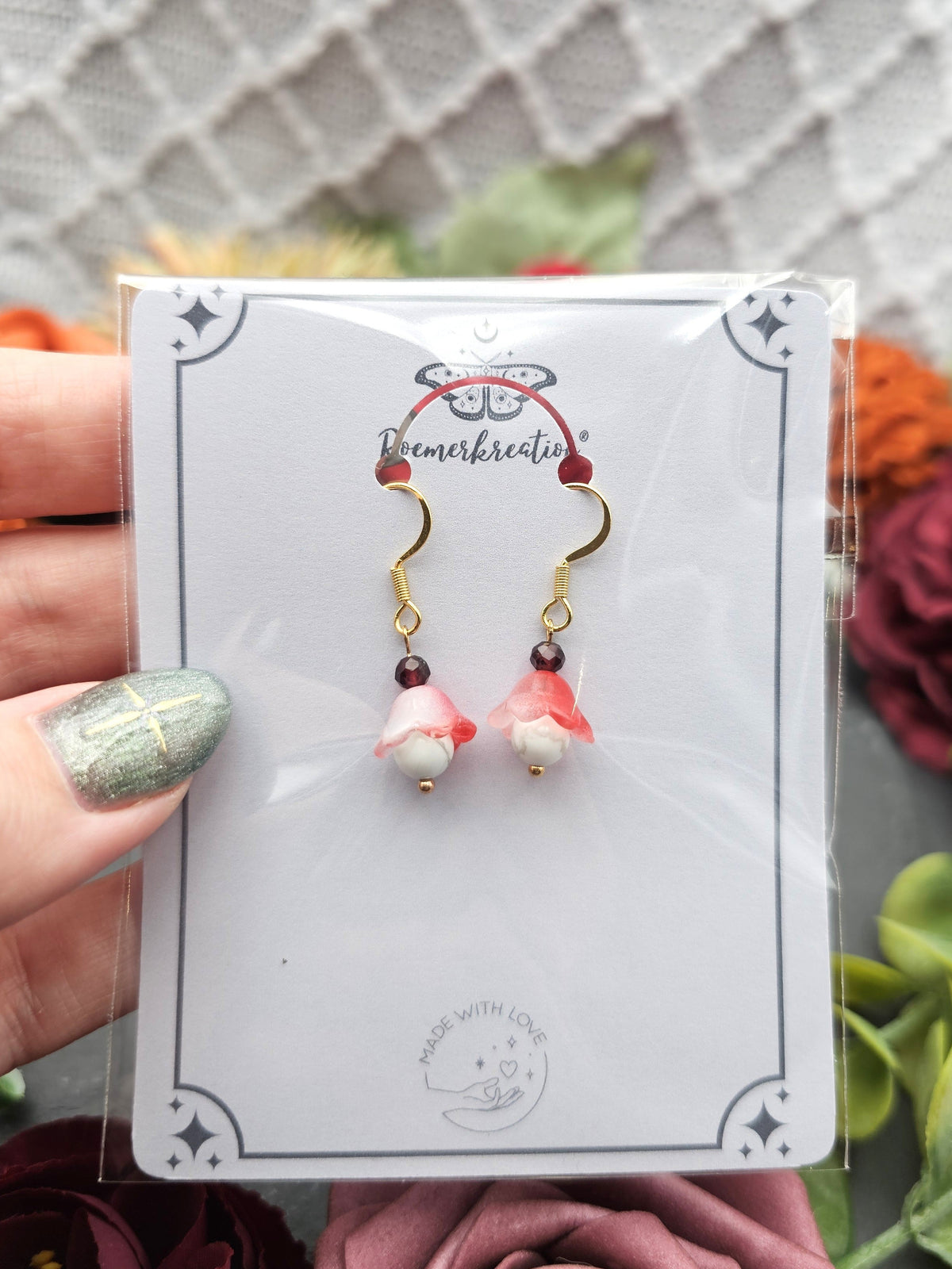 Ohrringe Floral Rot | Howlith & Granat | Edelstahl vergoldet