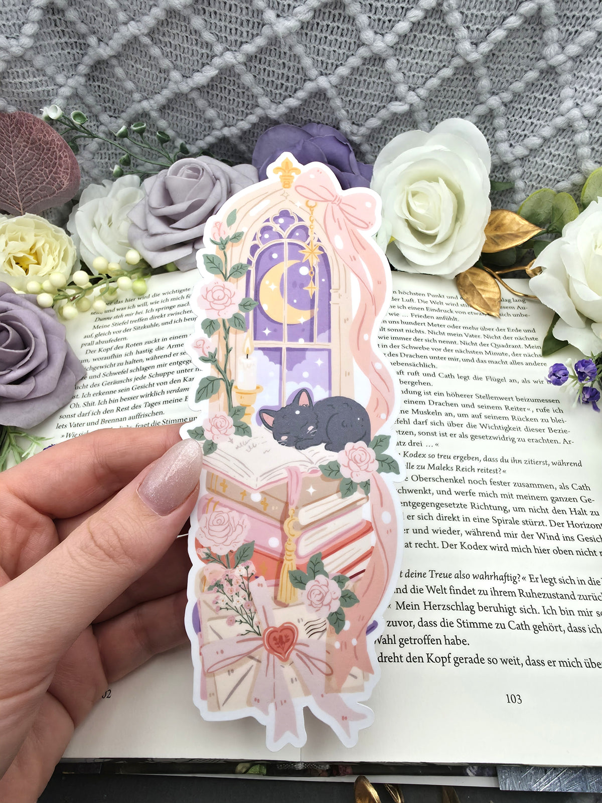 Lesezeichen Fantasy Cat Bookstack | Die Cut Bookmark