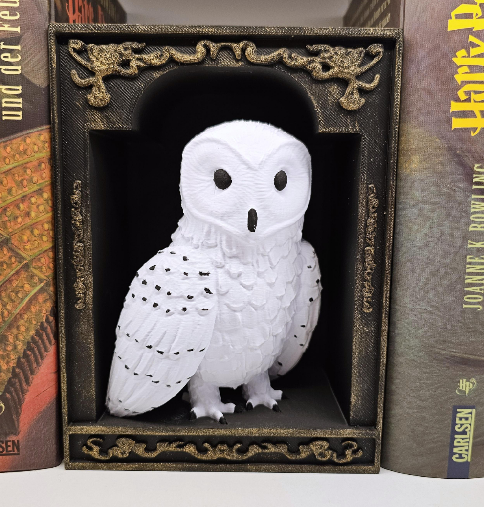 Book Nook Schneeeule Gold | 3D Druck | Buchstütze | Dekoration Bücherregal