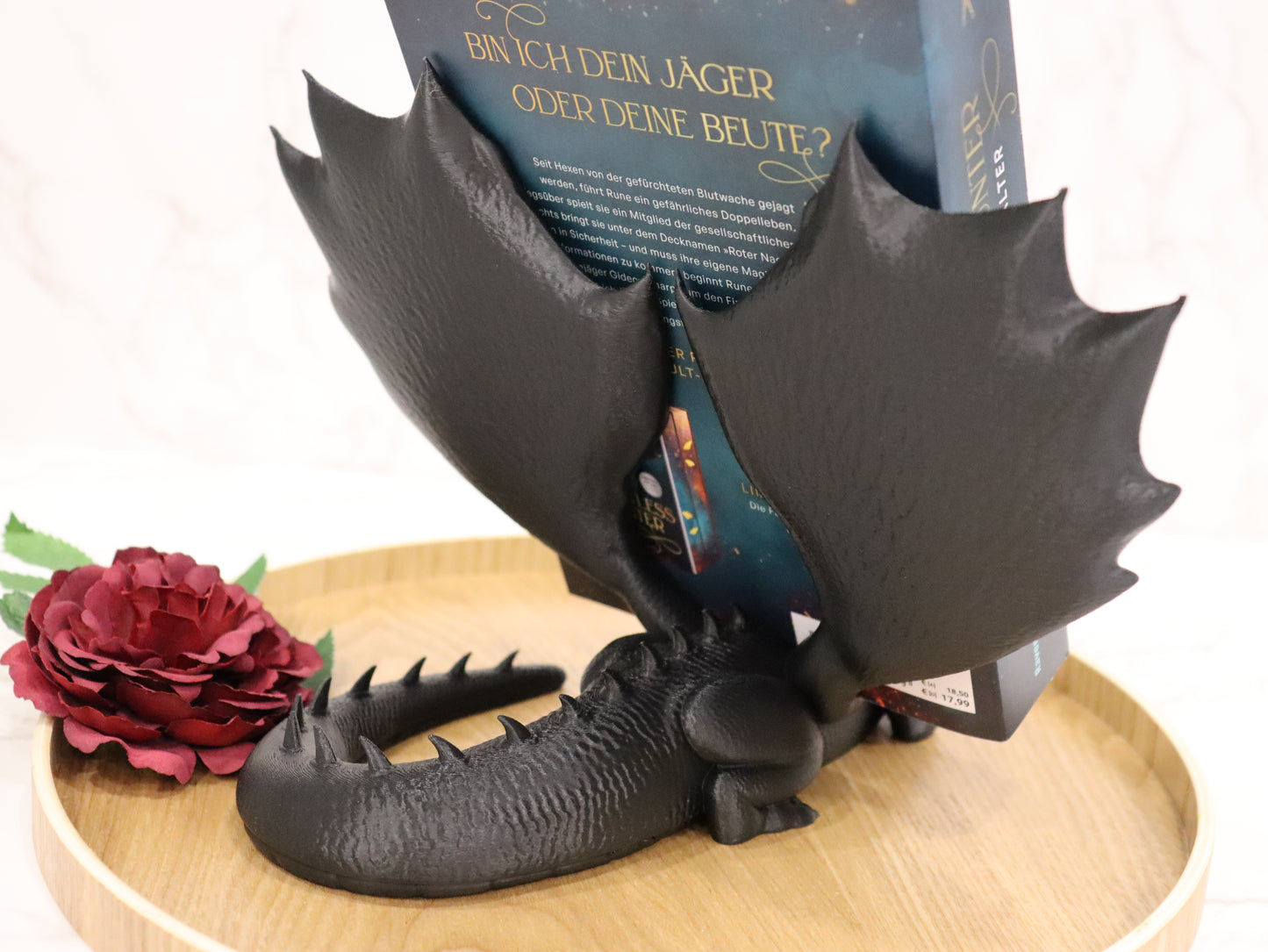 Buchhalter lesender Drache Schwarz | verschiedene Größen | 3D Druck | Aufsteller Bücher E-Reader Tablet