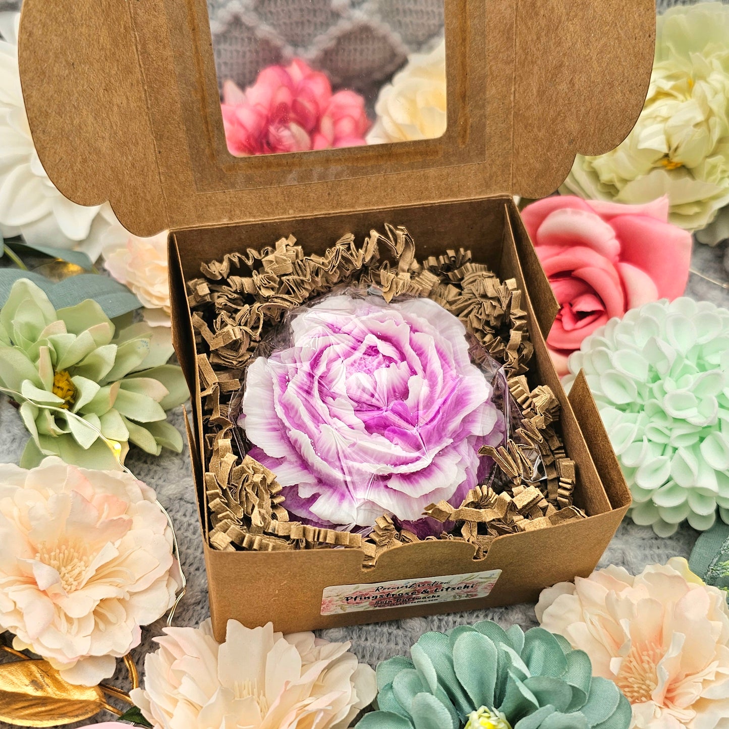 Geschenkbox Blüte 75 g | Pfingstrose & Litschi | Duftwachs