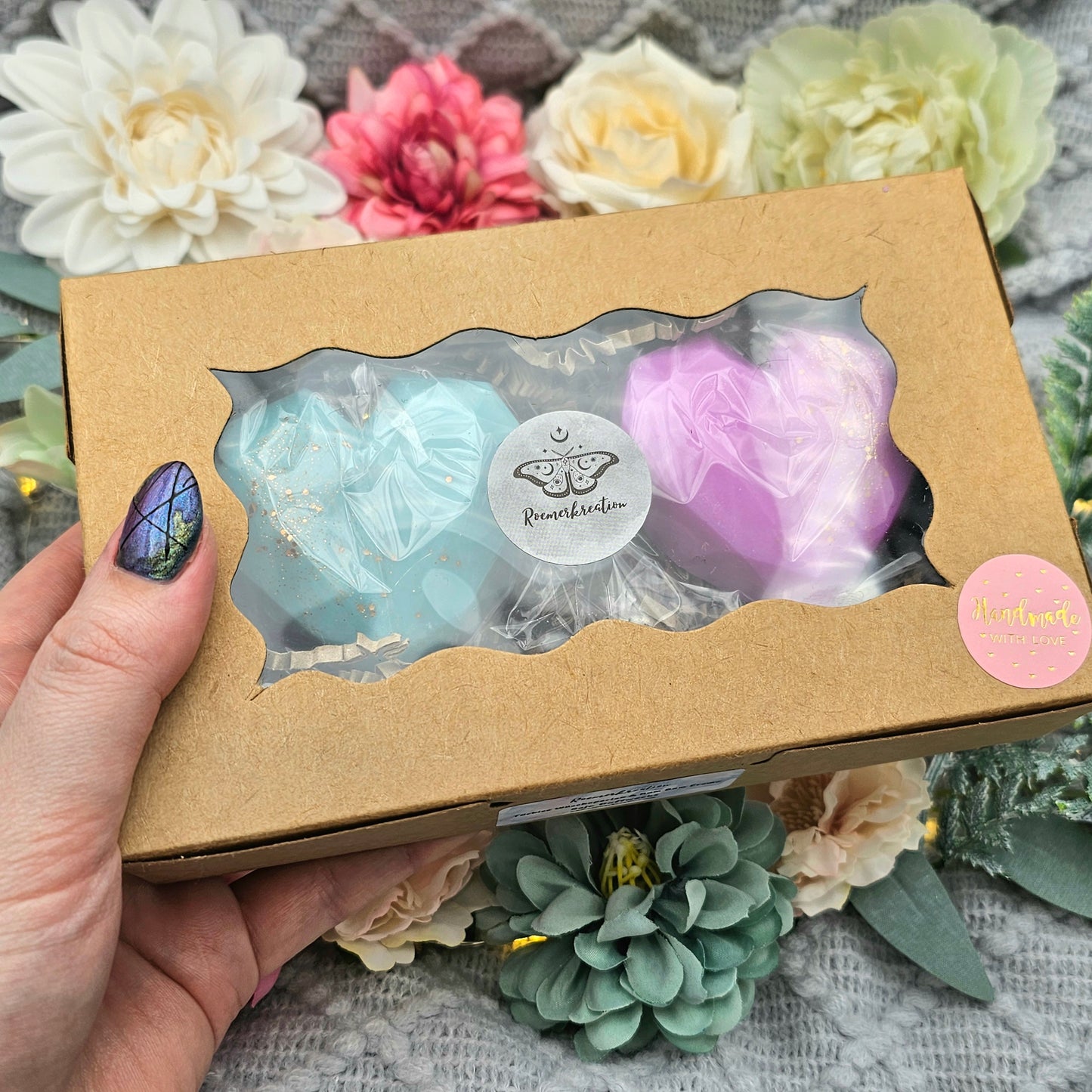 Geschenkbox Herzen Set 80 g | Türkise Wäscheperlen & Bum Bum Creme | Duftwachs