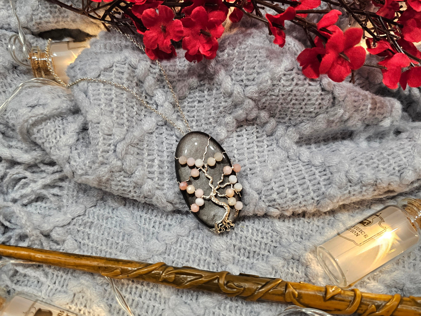 Silver Obsidian & Pink Opal Cherry Blossom Tree of Life Pendant | Jewelry Wire | Gemstone Necklace