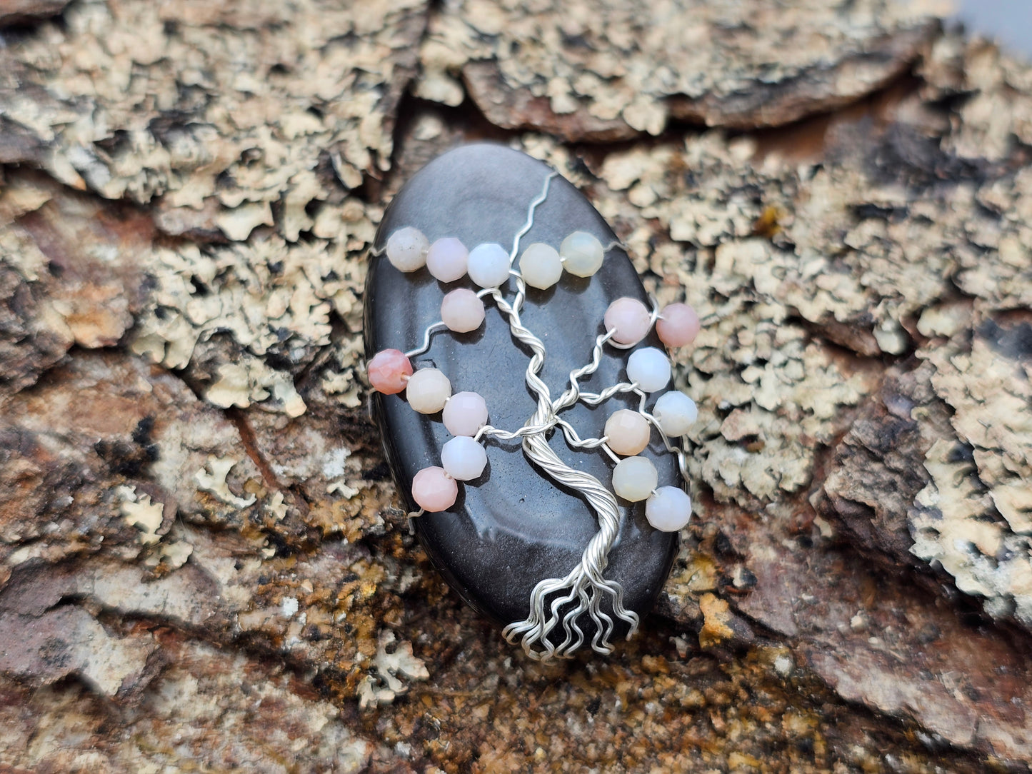 Silber-Obsidian & Pinkopal | Kirschblüte Lebensbaum | Schmuckdraht | Edelstein Anhänger