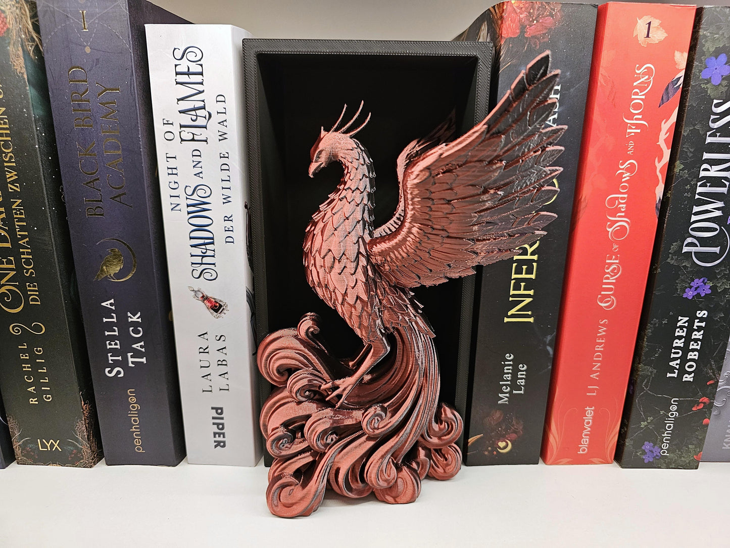 Book Nook Phoenix Rot/Schwarz glänzend | 3D Druck | Buchstütze | Dekoration Bücherregal