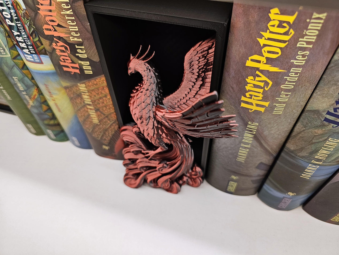 Book Nook Phoenix Rot/Schwarz glänzend | 3D Druck | Buchstütze | Dekoration Bücherregal