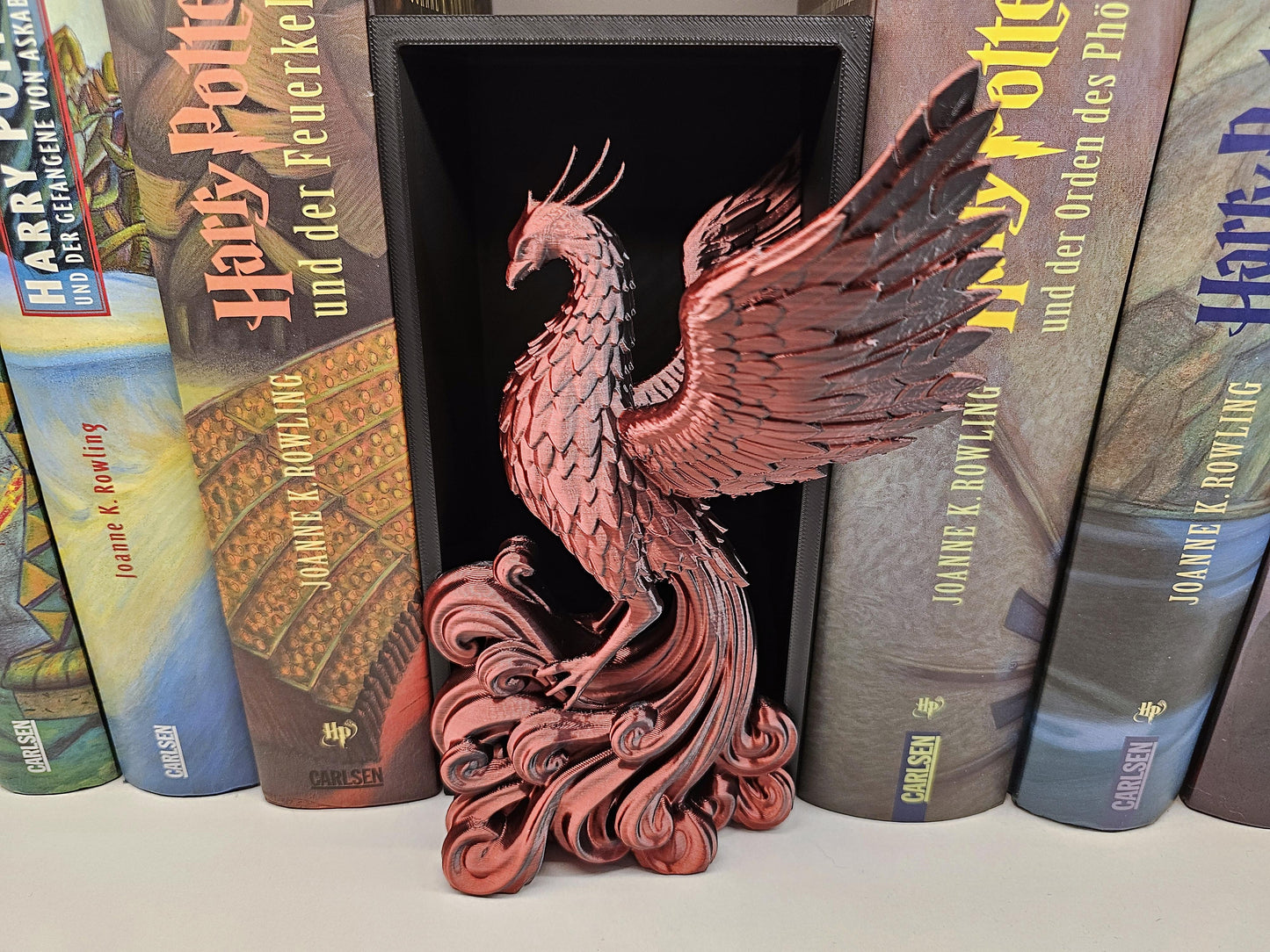 Book Nook Phoenix Rot/Schwarz glänzend | 3D Druck | Buchstütze | Dekoration Bücherregal