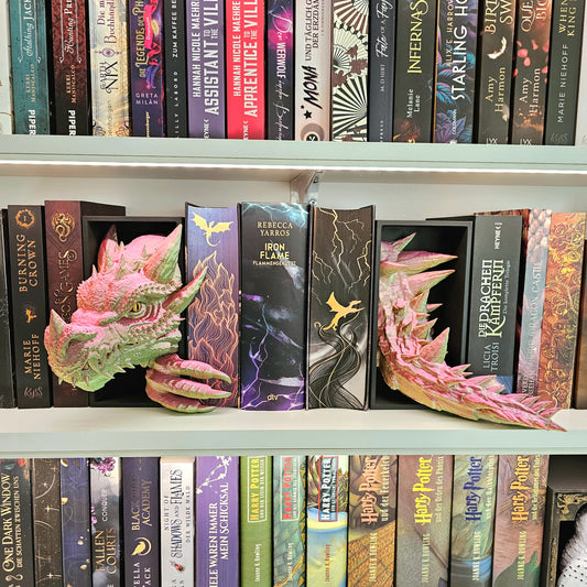 Book Nook Drache Multicolor Grün/Rosa/Gold Set/Einzeln | 3D Druck | Buchstütze | Dekoration Bücherregal
