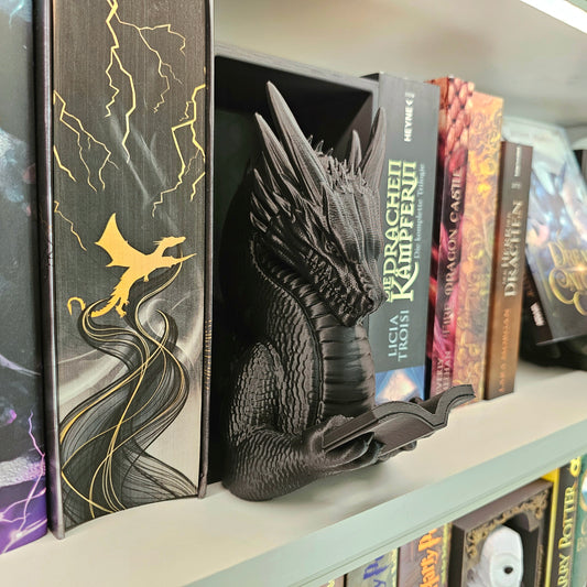 Book Nook Lesender Drache Schwarz | 3D Druck | Buchstütze | Dekoration Bücherregal