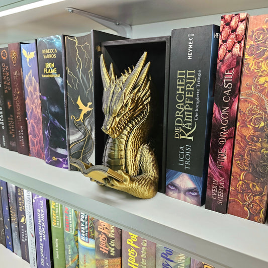 Book Nook Lesender Drache Schwarz/Gold | 3D Druck | Buchstütze | Dekoration Bücherregal