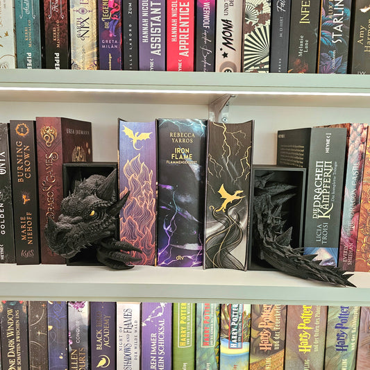 Book Nook Drache Schwarz/Gold Klein Set | 3D Druck | Buchstütze | Dekoration Bücherregal