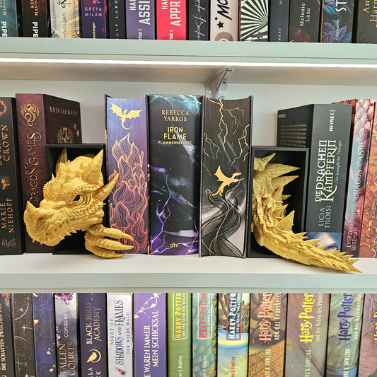 Book Nook Drache Gold/Schwarz Klein Set | 3D Druck | Buchstütze | Dekoration Bücherregal