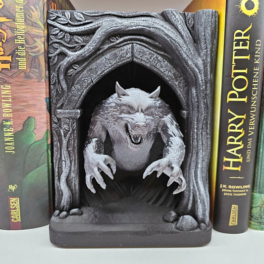 Book Nook Werwolf Schwarz/Silber  | 3D Druck | Buchstütze | Dekoration Bücherregal