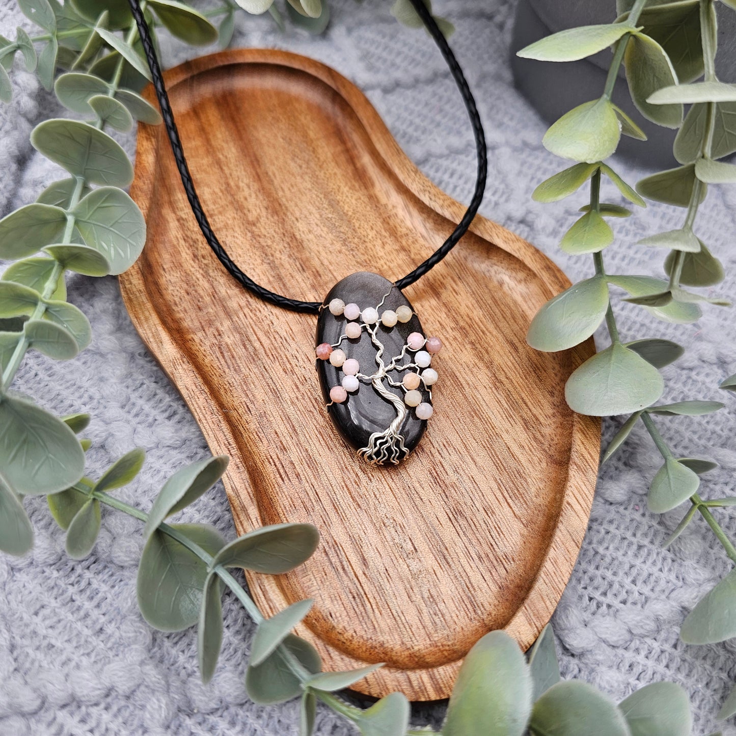 Silber-Obsidian & Pinkopal Kirschblüte Lebensbaum Anhänger | Schmuckdraht | Edelstein Halskette