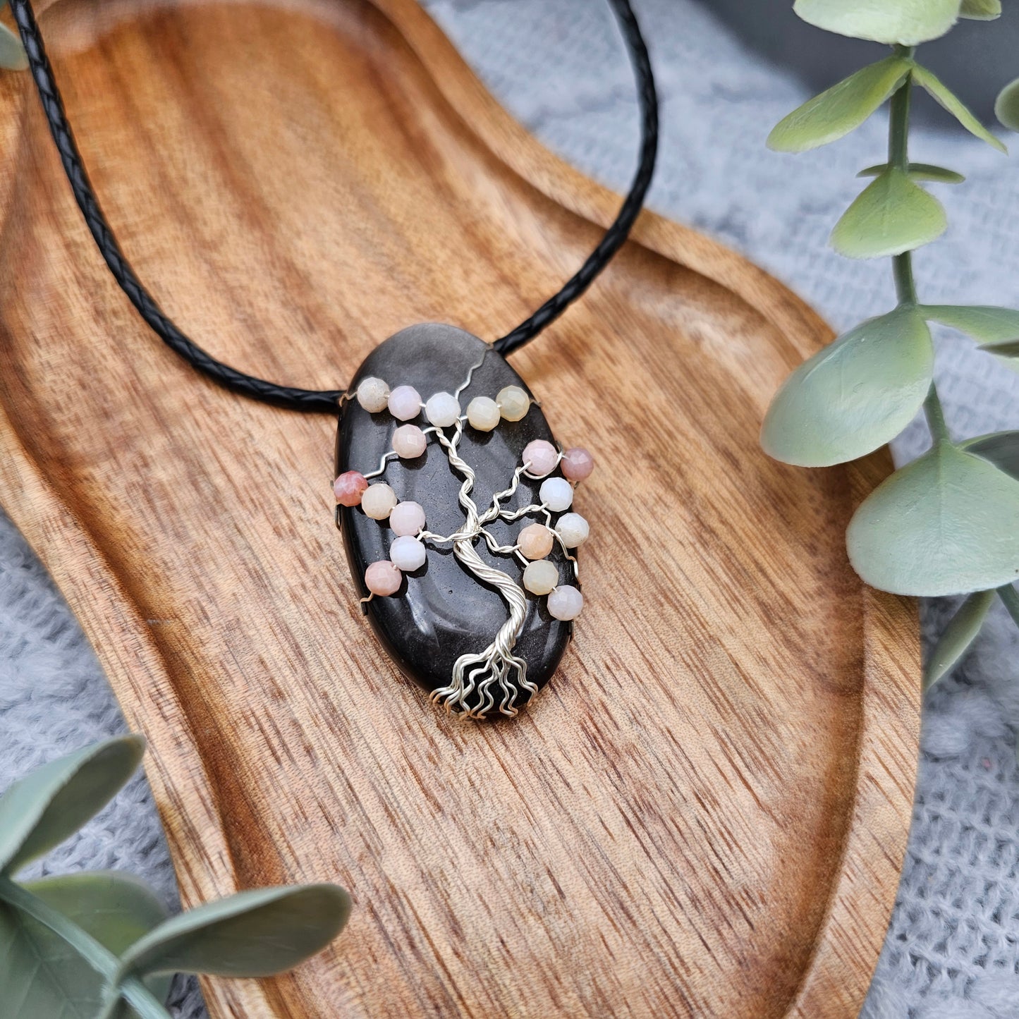 Silver Obsidian & Pink Opal Cherry Blossom Tree of Life Pendant | Jewelry Wire | Gemstone Necklace