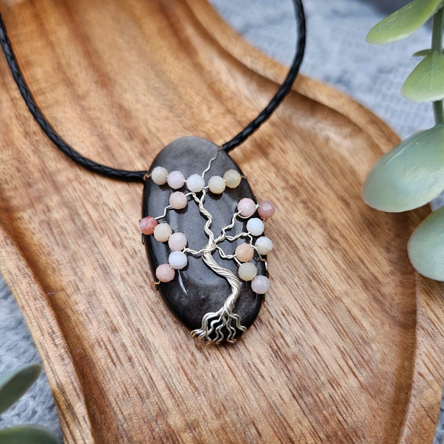 Silver Obsidian & Pink Opal Cherry Blossom Tree of Life Pendant | Jewelry Wire | Gemstone Necklace