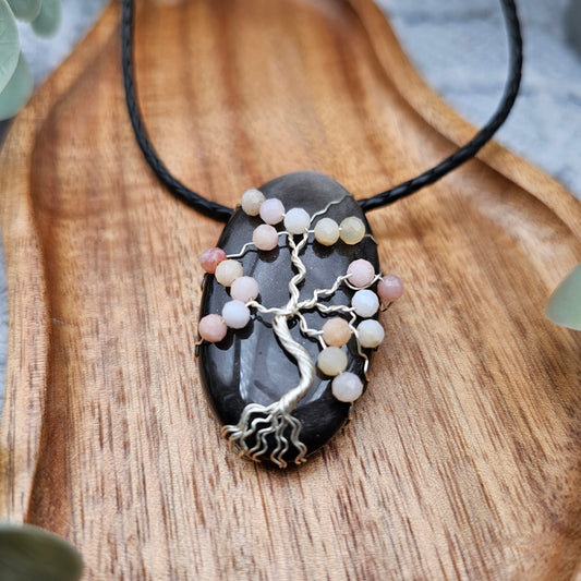 Silber-Obsidian & Pinkopal Kirschblüte Lebensbaum Anhänger | Schmuckdraht | Edelstein Halskette