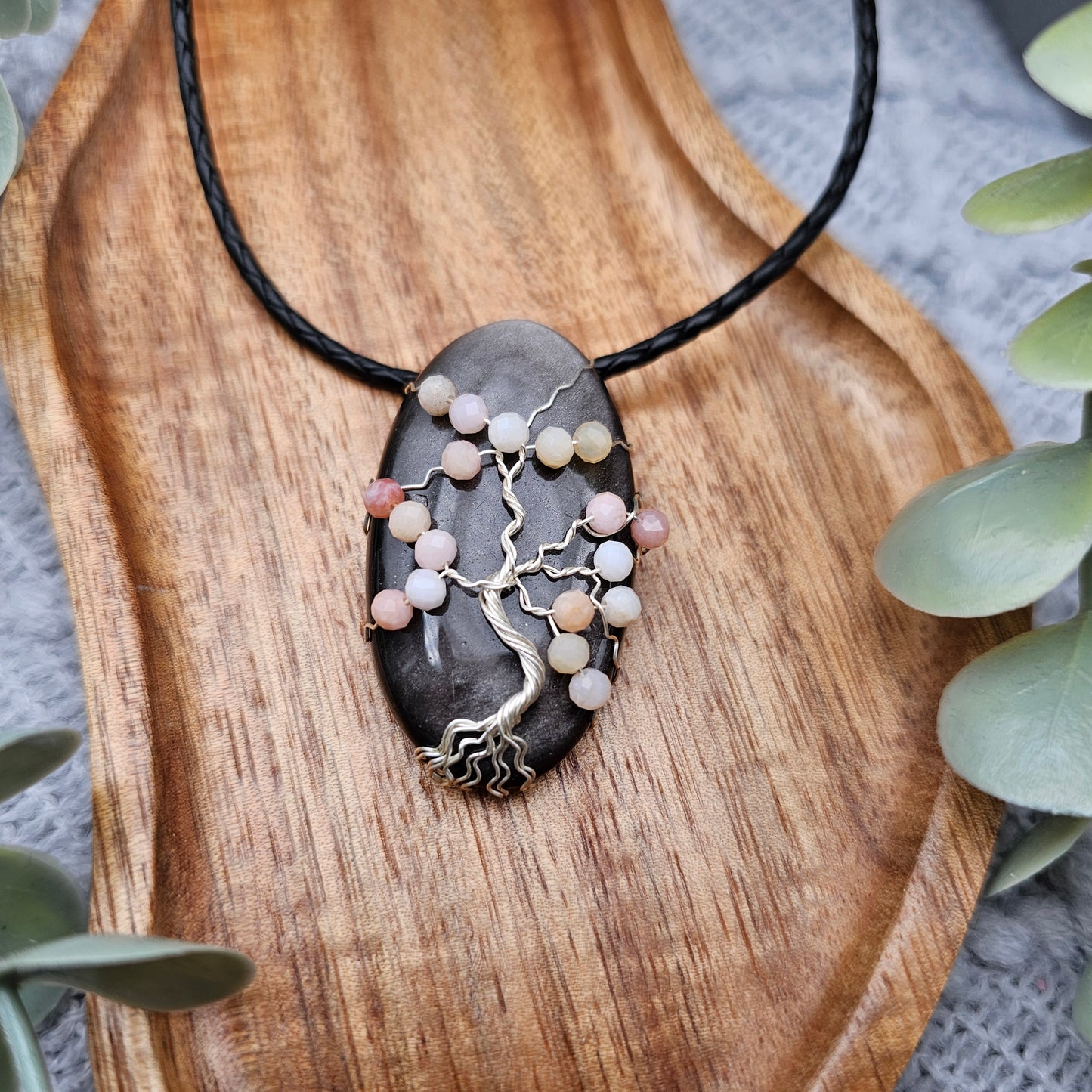 Silber-Obsidian & Pinkopal Kirschblüte Lebensbaum Anhänger | Schmuckdraht | Edelstein Halskette