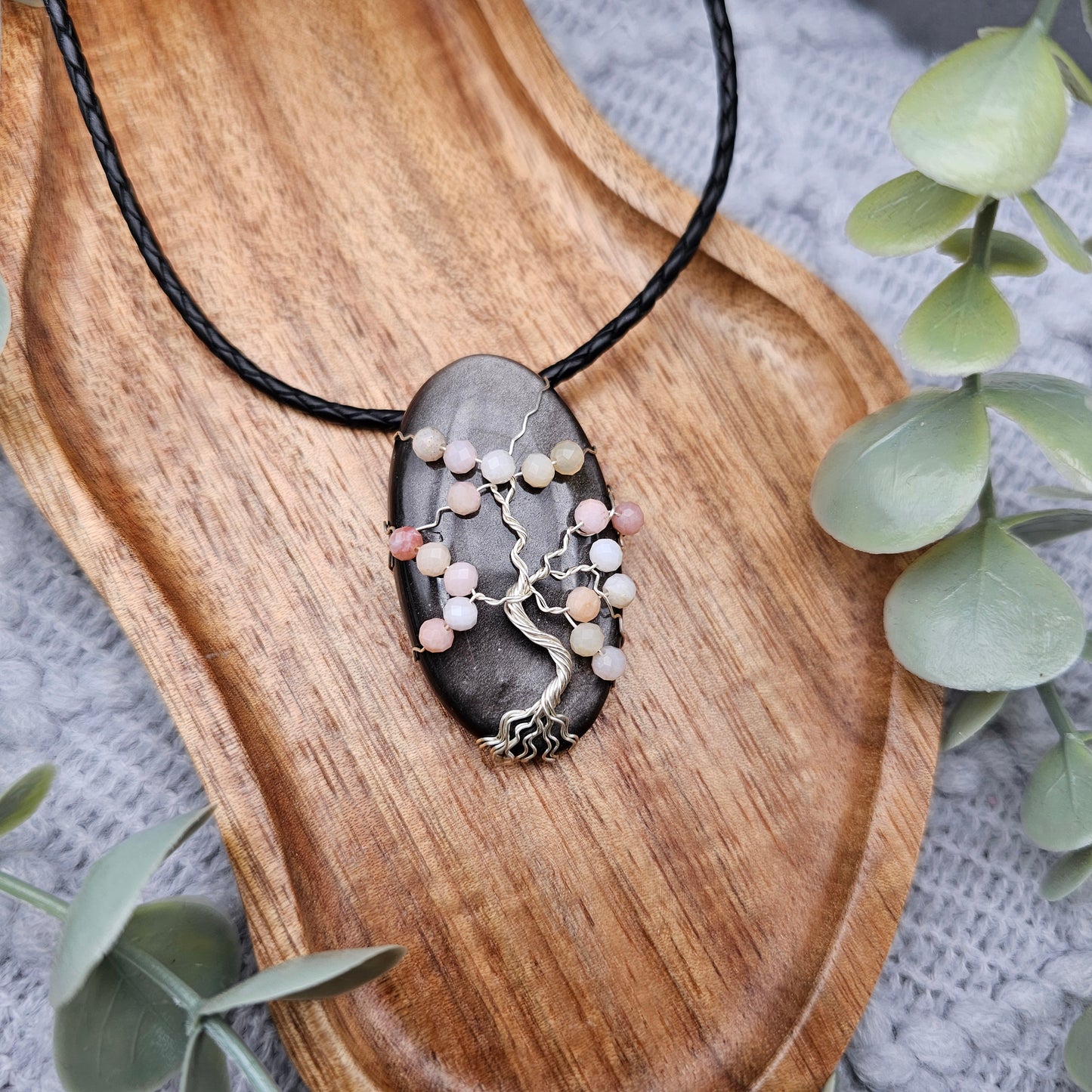 Silver Obsidian & Pink Opal Cherry Blossom Tree of Life Pendant | Jewelry Wire | Gemstone Necklace