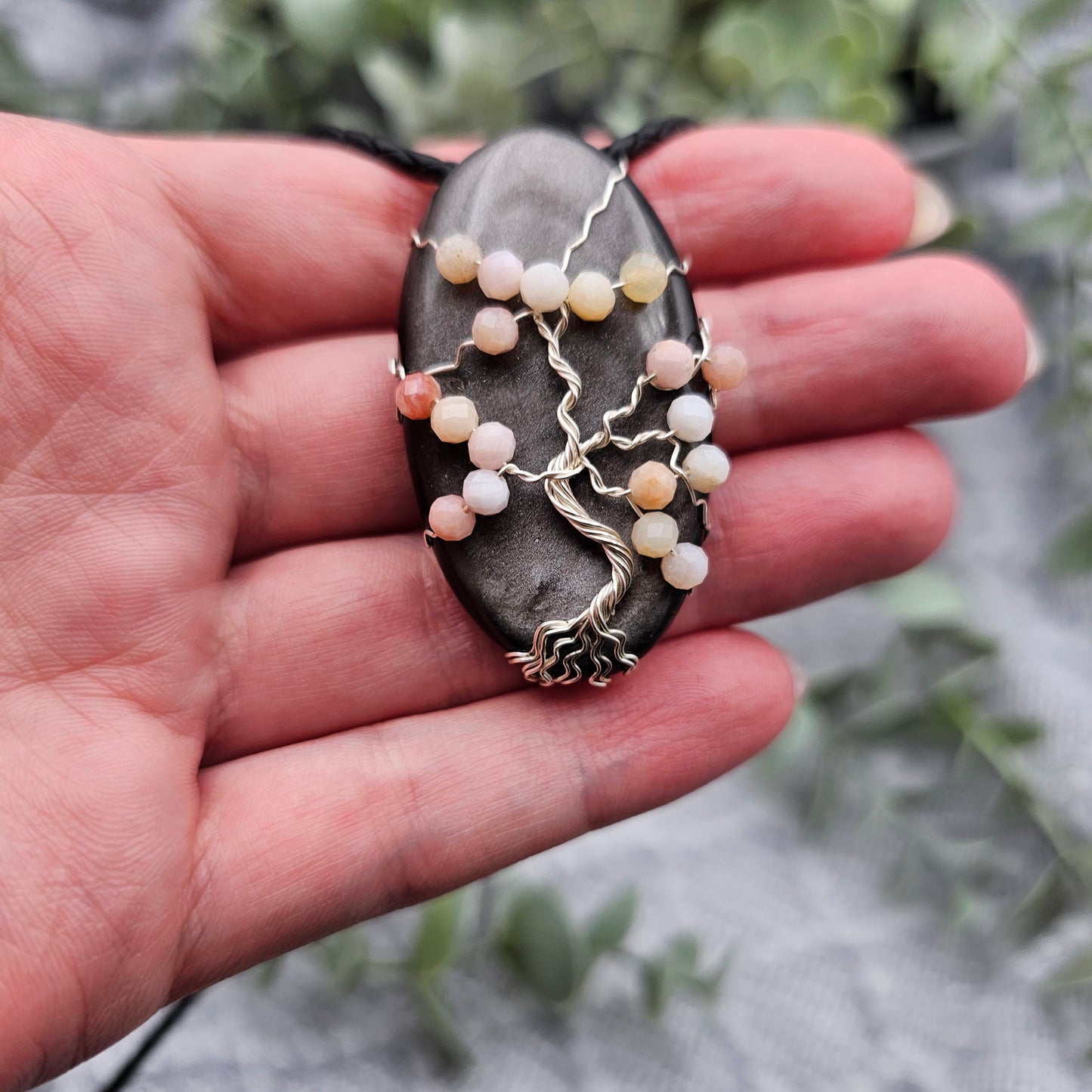 Silver Obsidian & Pink Opal Cherry Blossom Tree of Life Pendant | Jewelry Wire | Gemstone Necklace
