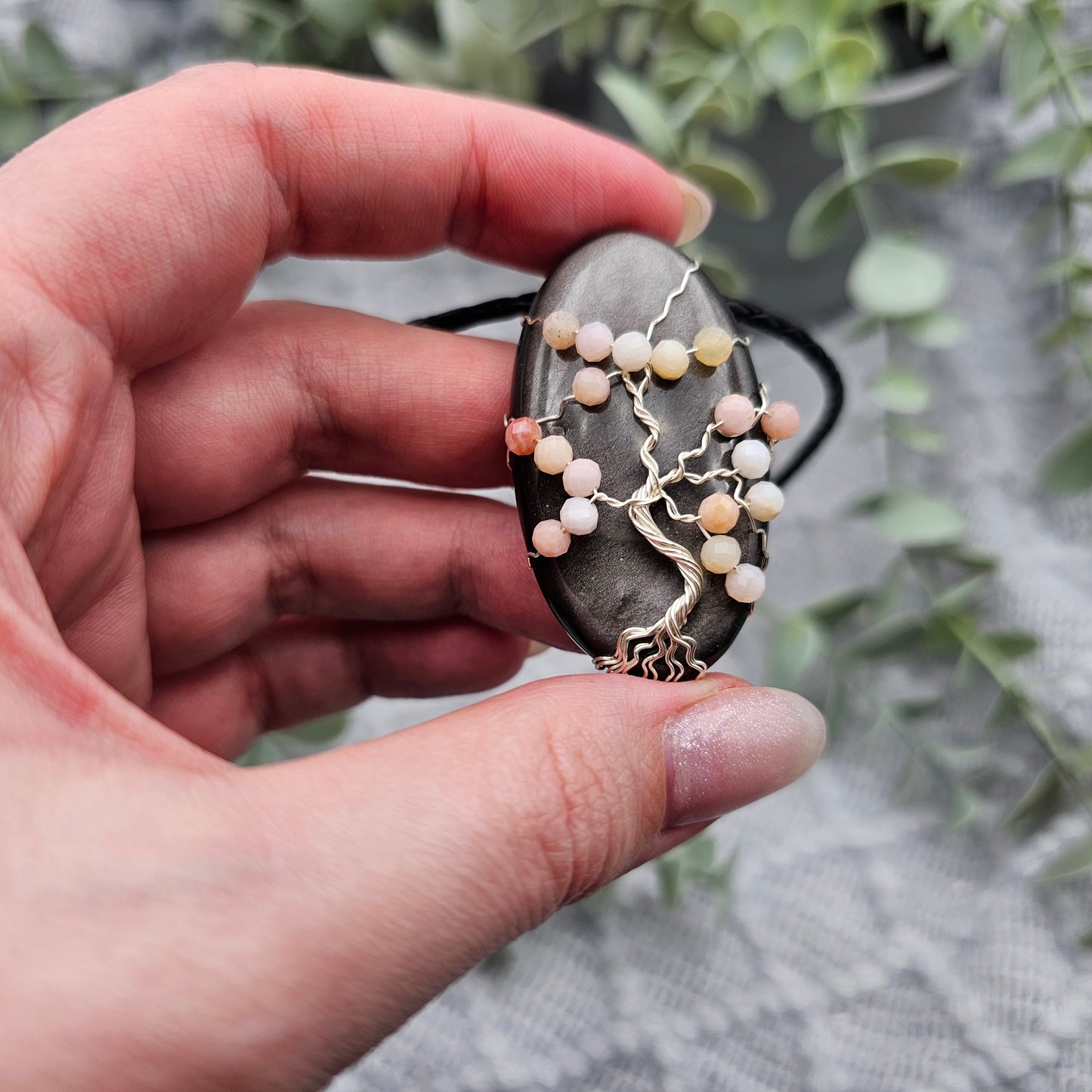 Silber-Obsidian & Pinkopal Kirschblüte Lebensbaum Anhänger | Schmuckdraht | Edelstein Halskette