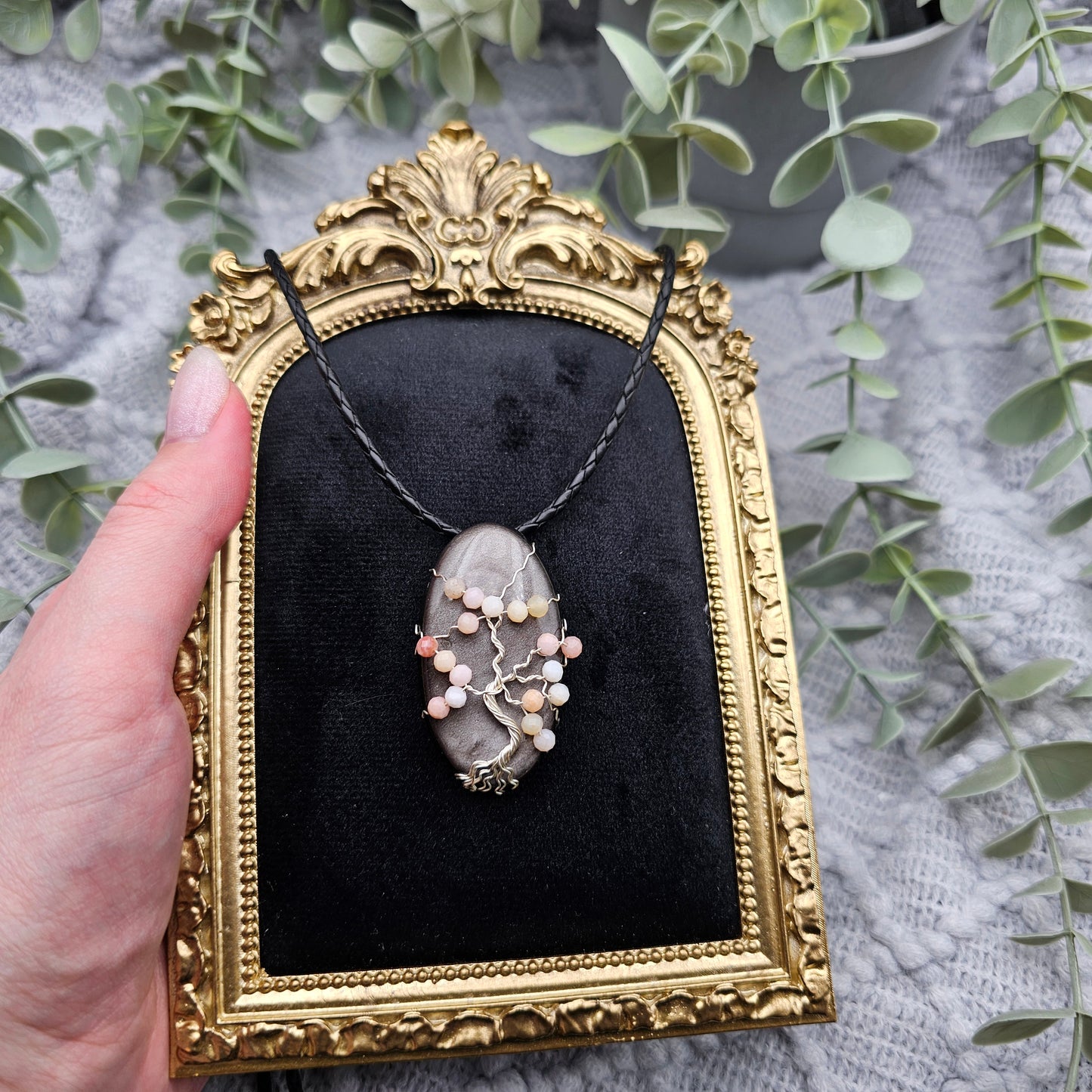 Silber-Obsidian & Pinkopal Kirschblüte Lebensbaum Anhänger | Schmuckdraht | Edelstein Halskette