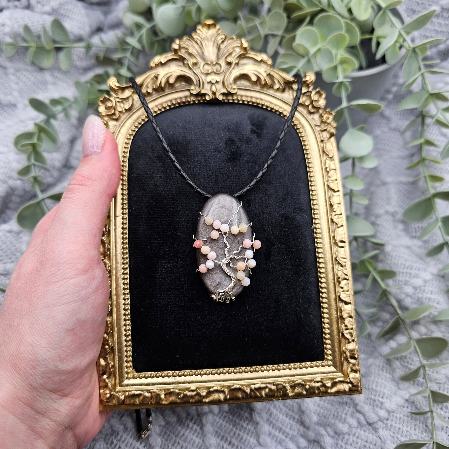 Silver Obsidian & Pink Opal Cherry Blossom Tree of Life Pendant | Jewelry Wire | Gemstone Necklace