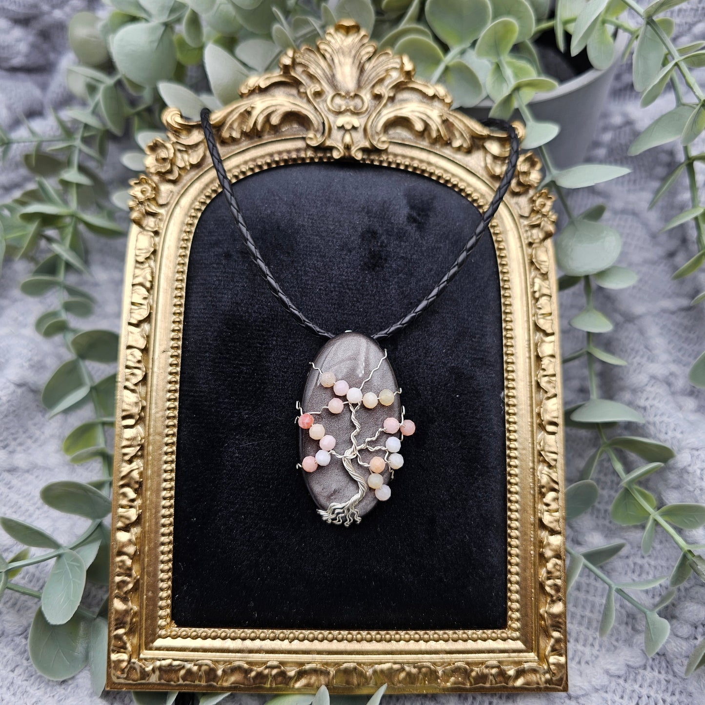 Silber-Obsidian & Pinkopal Kirschblüte Lebensbaum Anhänger | Schmuckdraht | Edelstein Halskette