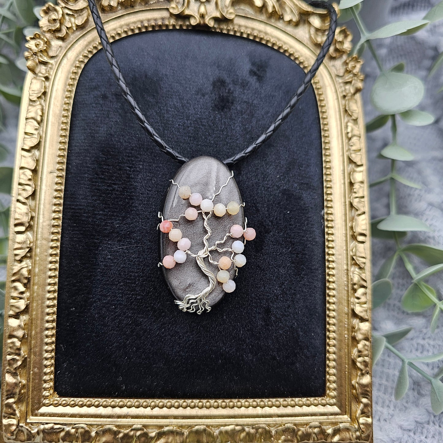 Silber-Obsidian & Pinkopal Kirschblüte Lebensbaum Anhänger | Schmuckdraht | Edelstein Halskette