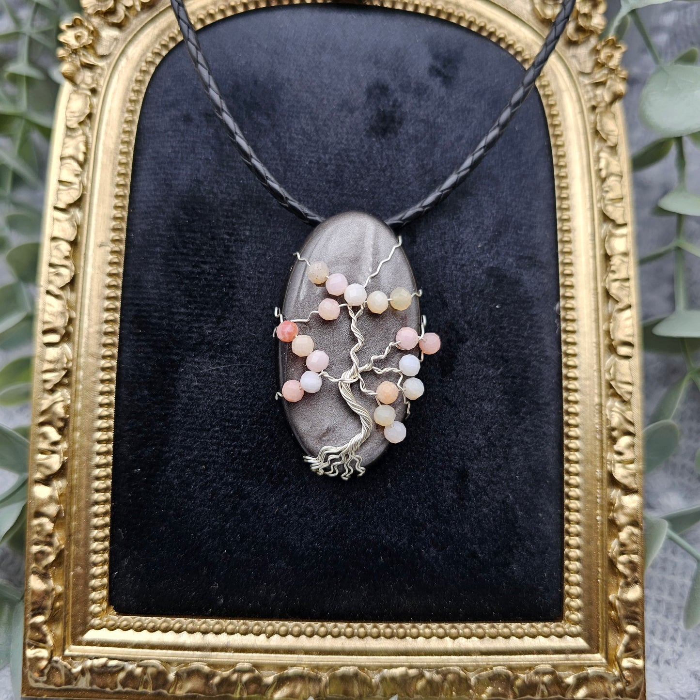 Silber-Obsidian & Pinkopal Kirschblüte Lebensbaum Anhänger | Schmuckdraht | Edelstein Halskette