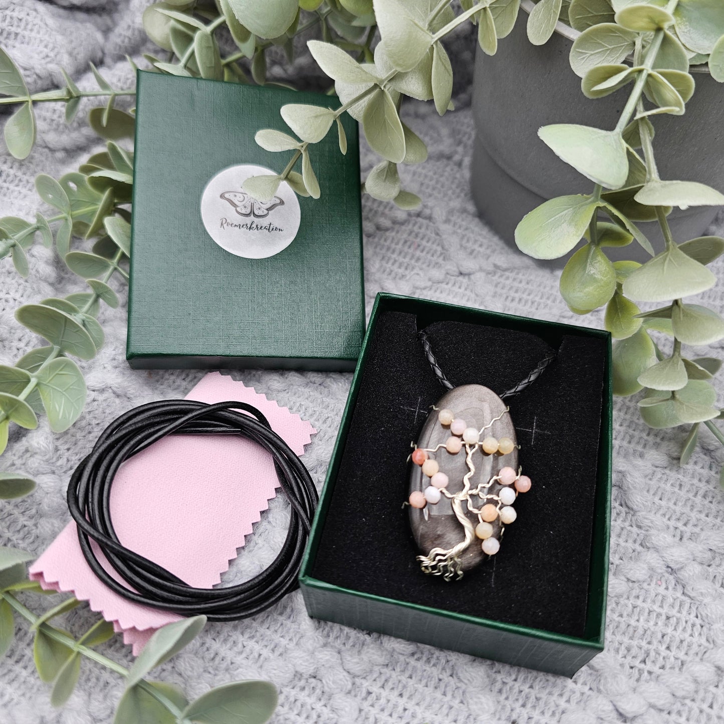 Silber-Obsidian & Pinkopal Kirschblüte Lebensbaum Anhänger | Schmuckdraht | Edelstein Halskette